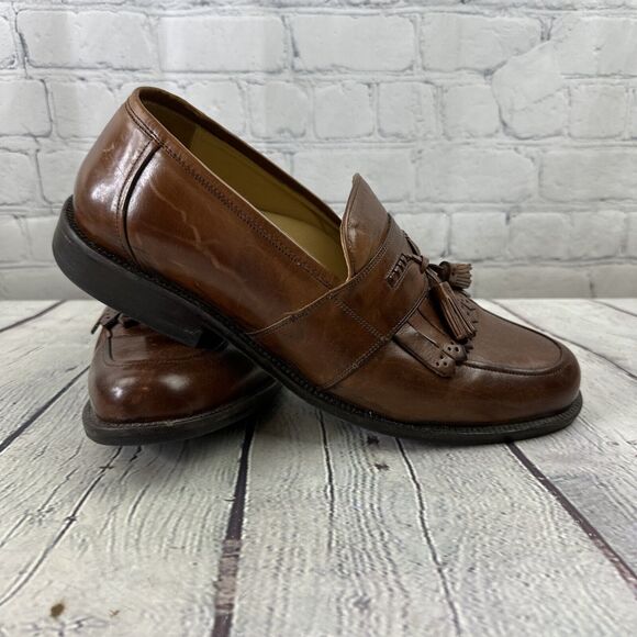 Johnston Murphy Passport Loafers Brown Leather Kiltie Tassel‎ Shoes Sz 10W Italy - Picture 1 of 13
